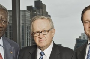 From left to right: John A. Kufuor, incoming Chairman of Interpeace, Martti Ahtisaari, outgoing Chairman of Interpeace, and Scott M. Weber, Secretary-General of Interpeace