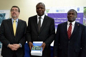 Bernardo Arévalo de León, Deputy Director-General, Research and Development at Interpeace; Albert Mabri Toikeusse, Minister of State, Minister of Plan and Development, Côte d'Ivoire; Ndolamb Ngokwey, Resident Coordinator of the United Nations System in Côte d'Ivoire.